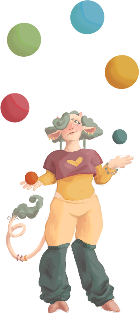 a fawn-like humanoid juggling several colored balls