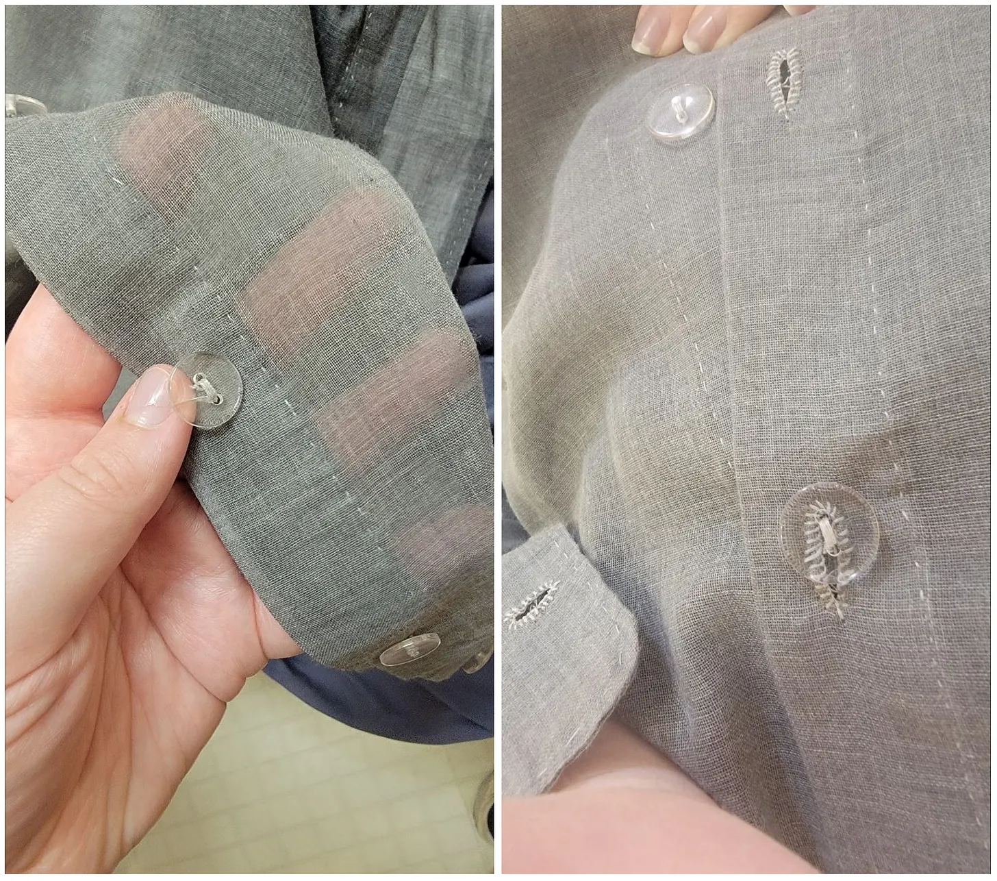 closeups of the translucent gray shirt, showing transparent buttons and hand-sewn buttonholes.